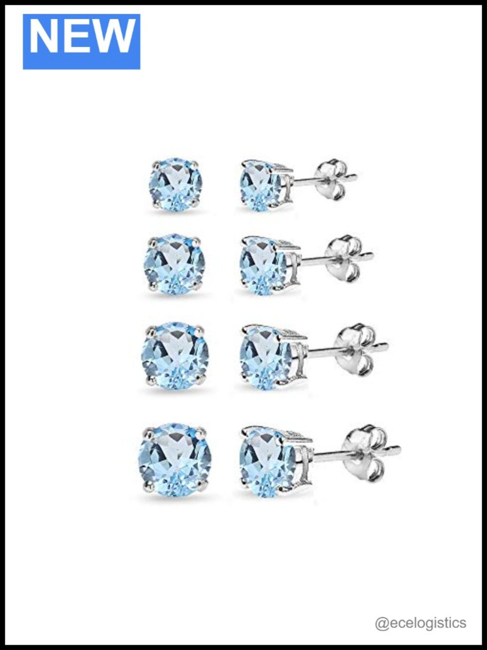 Sterling Silver Blue Topaz Round Stud Earrings Set 3mm 4mm 5mm 6mm